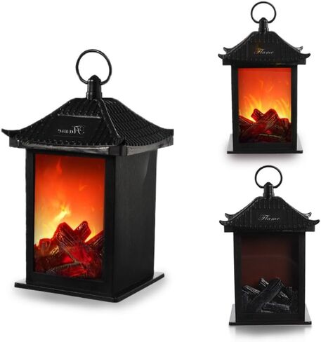 Ulalaza Small Cozy Fireplace Lantern Traditional Realistic Log Wood Burning Flame Effect Ligh LED Charcoal Style Table LampFor Indoor & Outdoor Use in Saudi Arabia