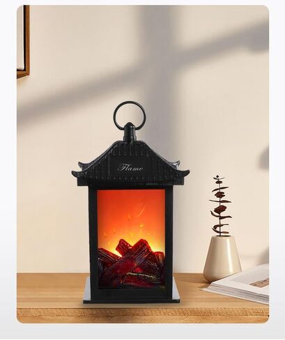 Ulalaza Small Cozy Fireplace Lantern Traditional Realistic Log Wood Burning Flame Effect Ligh LED Charcoal Style Table LampFor Indoor & Outdoor Use in Saudi Arabia