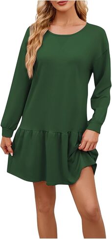 Womens Pleated Front Fall Dresses Casual Long Sleeve Crew Neck T Shirts Dress Solid Color Vacation Beach Clothes in Saudi Arabia