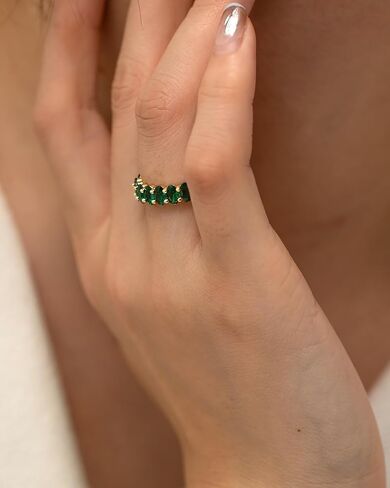 ZIRPEARA Stylish Oval Baguette CZ Ring for Women - Green/Pink/White Zirconias, Adjustable Size, 18K Gold Plated Stainless Steel - Fashionable Jewelry in Saudi Arabia