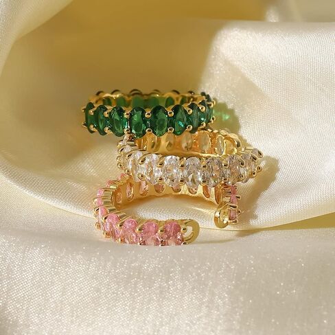 ZIRPEARA Stylish Oval Baguette CZ Ring for Women - Green/Pink/White Zirconias, Adjustable Size, 18K Gold Plated Stainless Steel - Fashionable Jewelry in Saudi Arabia
