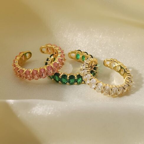 ZIRPEARA Stylish Oval Baguette CZ Ring for Women - Green/Pink/White Zirconias, Adjustable Size, 18K Gold Plated Stainless Steel - Fashionable Jewelry in Saudi Arabia