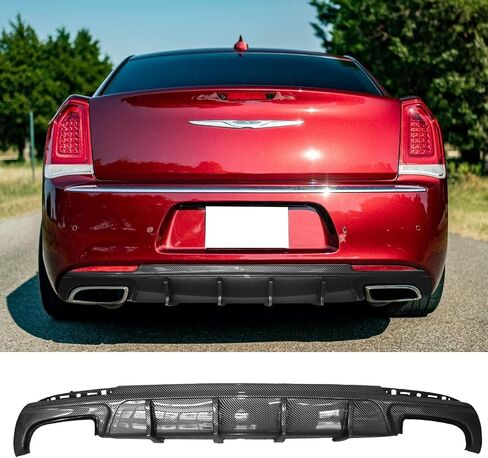FREEMOTOR802 Compatible with 2015-2023 Chrysler 300 Rear Diffuser, IKON V2 Style Carbon Fiber Print PP Rear Bumper Molding Lip Lower Valance Diffuser Shark Fin Splitter 2-pc Set in Saudi Arabia