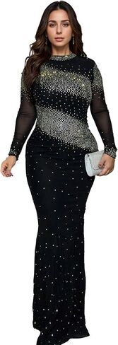 PORRCEY Women Sexy Elegant Rhinestone Mesh See Through Evening Dresses Party Club Night Clubwear in Kuwait