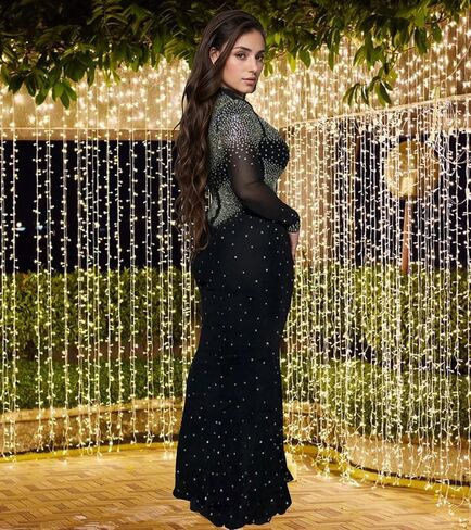 PORRCEY Women Sexy Elegant Rhinestone Mesh See Through Evening Dresses Party Club Night Clubwear in Kuwait