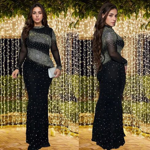 PORRCEY Women Sexy Elegant Rhinestone Mesh See Through Evening Dresses Party Club Night Clubwear in Kuwait