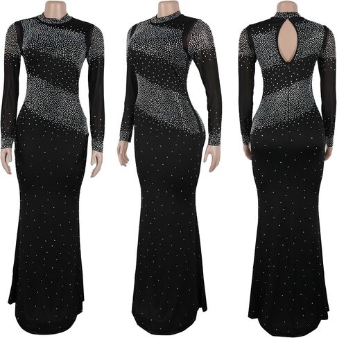 PORRCEY Women Sexy Elegant Rhinestone Mesh See Through Evening Dresses Party Club Night Clubwear in Kuwait