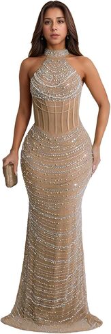 PORRCEY Women Sexy Elegant Rhinestone Mesh See Through Evening Dresses Party Club Night Clubwear in Kuwait