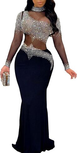 PORRCEY Women Sexy Elegant Rhinestone Mesh See Through Evening Dresses Party Club Night Clubwear in Kuwait