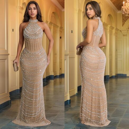 PORRCEY Women Sexy Elegant Rhinestone Mesh See Through Evening Dresses Party Club Night Clubwear in Kuwait