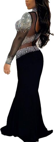 PORRCEY Women Sexy Elegant Rhinestone Mesh See Through Evening Dresses Party Club Night Clubwear in Kuwait
