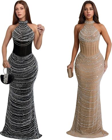 PORRCEY Women Sexy Elegant Rhinestone Mesh See Through Evening Dresses Party Club Night Clubwear in Kuwait