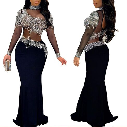 PORRCEY Women Sexy Elegant Rhinestone Mesh See Through Evening Dresses Party Club Night Clubwear in Kuwait