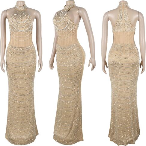 PORRCEY Women Sexy Elegant Rhinestone Mesh See Through Evening Dresses Party Club Night Clubwear in Kuwait
