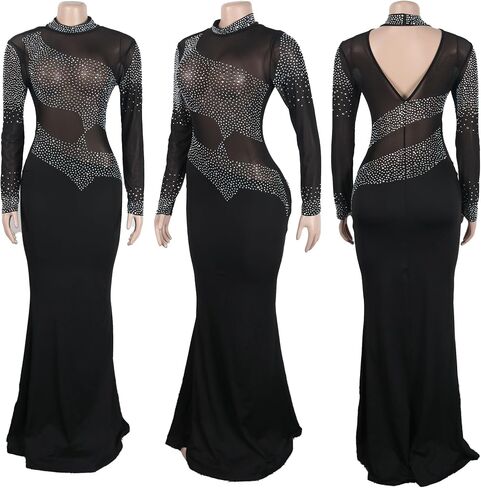 PORRCEY Women Sexy Elegant Rhinestone Mesh See Through Evening Dresses Party Club Night Clubwear in Kuwait