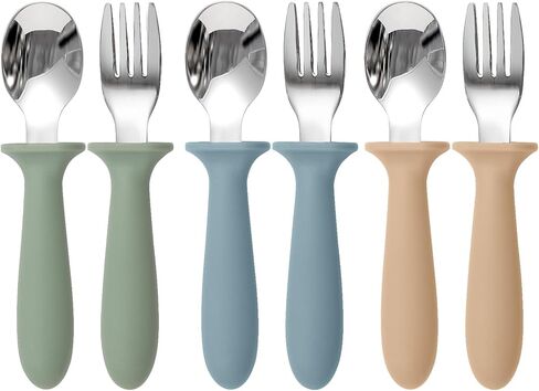 Toddler Spoons and Forks Set, 6 Pack Kids Silverware with Silicone Handle, BPA Free, 18/8 Stainless Steel Children Safe Toddler Utensils, Dishwasher Safe in Kuwait