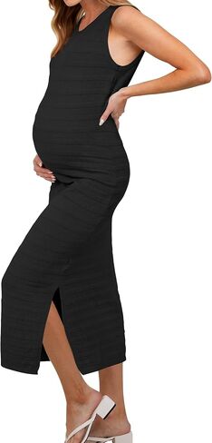 OUGES Women's 2024 Summer Knit Sweater Dress Sleeveless Midi Sundress Side Slit Striped Bodycon Crewneck Tank Wedding Guest Fall Dress(Apricot Pink Striped,XL) in Saudi Arabia