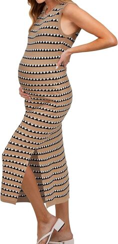 OUGES Women's 2024 Summer Knit Sweater Dress Sleeveless Midi Sundress Side Slit Striped Bodycon Crewneck Tank Wedding Guest Fall Dress(Apricot Pink Striped,XL) in Saudi Arabia