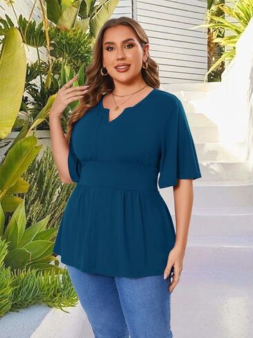 Beauhuty Women's Plus Size Shirts V Neck Pleated Tops Ruffle Short Sleeve Blouse Casual Work Trendy Dressy Shirred Tunic in Kuwait