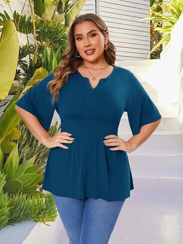 Beauhuty Women's Plus Size Shirts V Neck Pleated Tops Ruffle Short Sleeve Blouse Casual Work Trendy Dressy Shirred Tunic in Kuwait