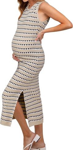 OUGES Women's 2024 Summer Knit Sweater Dress Sleeveless Midi Sundress Side Slit Striped Bodycon Crewneck Tank Wedding Guest Fall Dress(Apricot Pink Striped,XL) in Kuwait