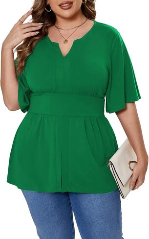 Beauhuty Women's Plus Size Shirts V Neck Pleated Tops Ruffle Short Sleeve Blouse Casual Work Trendy Dressy Shirred Tunic in Kuwait