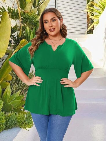 Beauhuty Women's Plus Size Shirts V Neck Pleated Tops Ruffle Short Sleeve Blouse Casual Work Trendy Dressy Shirred Tunic in Kuwait