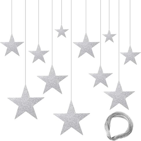 24 Pcs 4 Sizes Glitter Star Cardboard with Nylon String Silver Glitter Stars Cutouts for Party Decoration Silver Cardboard Stars Double Printed Paper Star Decorations for Wedding Wall Decor in Kuwait