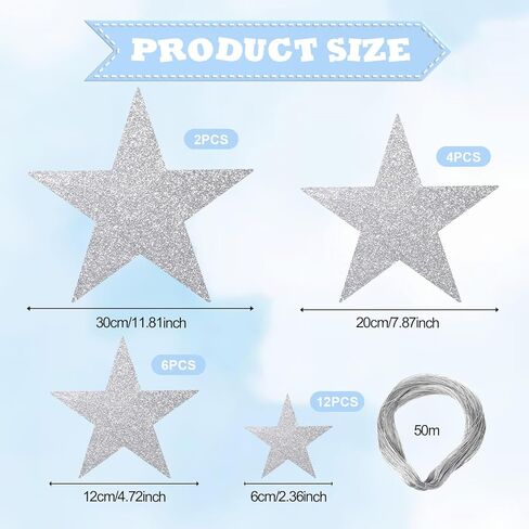 24 Pcs 4 Sizes Glitter Star Cardboard with Nylon String Silver Glitter Stars Cutouts for Party Decoration Silver Cardboard Stars Double Printed Paper Star Decorations for Wedding Wall Decor in Kuwait