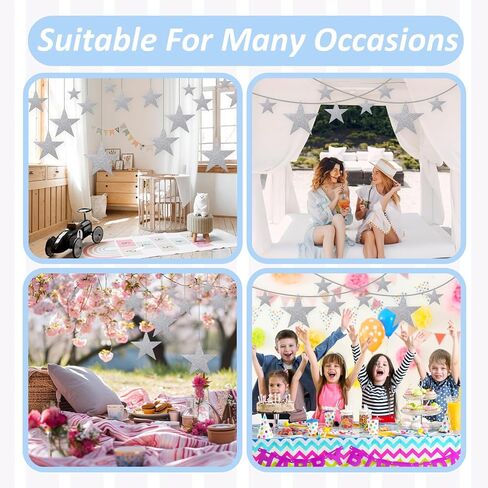 24 Pcs 4 Sizes Glitter Star Cardboard with Nylon String Silver Glitter Stars Cutouts for Party Decoration Silver Cardboard Stars Double Printed Paper Star Decorations for Wedding Wall Decor in Kuwait
