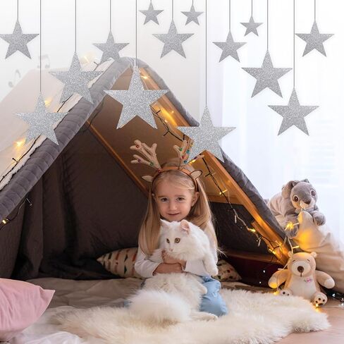 24 Pcs 4 Sizes Glitter Star Cardboard with Nylon String Silver Glitter Stars Cutouts for Party Decoration Silver Cardboard Stars Double Printed Paper Star Decorations for Wedding Wall Decor in Kuwait
