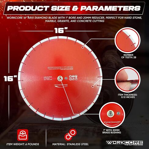 WorkCore 16" Inch Premium Turbo Diamond Concrete Blade, Hard Reinforced Concrete, Asphalt, Granite, Tiles, Masonry, Bricks, Block, Wet Or Dry, Walk Behind and Handheld Saws in Kuwait