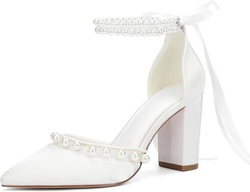 Wedding Heels for Women, White Pearl Ankle Strap Sandals, 3.3 Inch Block Heel, Formal Bridal Shoes with Bow in Saudi Arabia