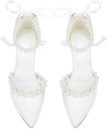 Wedding Heels for Women, White Pearl Ankle Strap Sandals, 3.3 Inch Block Heel, Formal Bridal Shoes with Bow in Saudi Arabia