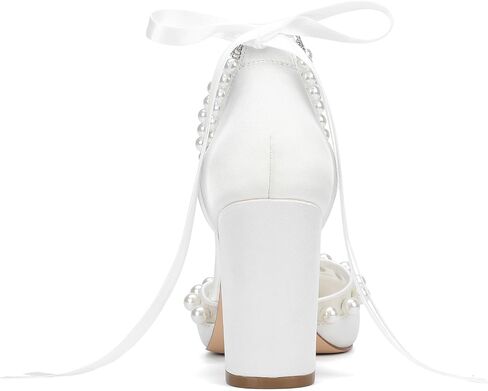 Wedding Heels for Women, White Pearl Ankle Strap Sandals, 3.3 Inch Block Heel, Formal Bridal Shoes with Bow in Saudi Arabia