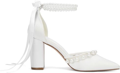 Wedding Heels for Women, White Pearl Ankle Strap Sandals, 3.3 Inch Block Heel, Formal Bridal Shoes with Bow in Saudi Arabia