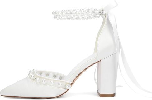 Wedding Heels for Women, White Pearl Ankle Strap Sandals, 3.3 Inch Block Heel, Formal Bridal Shoes with Bow in Saudi Arabia