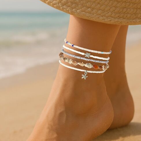 5pcs boho shell anklet مجموعة للنساء ، ومسدود شاطئ هاواي صوريلز كاحل الكاحل conch starfish و beaded anchlets الصيف الأزياء الهدية المجوهر in Saudi Arabia
