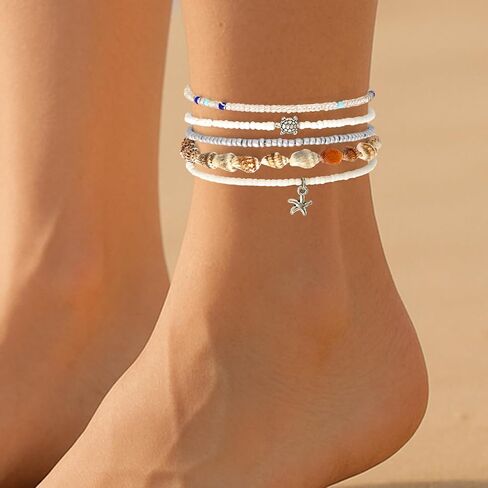 5pcs boho shell anklet مجموعة للنساء ، ومسدود شاطئ هاواي صوريلز كاحل الكاحل conch starfish و beaded anchlets الصيف الأزياء الهدية المجوهر in Saudi Arabia