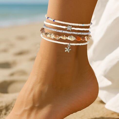 5pcs boho shell anklet مجموعة للنساء ، ومسدود شاطئ هاواي صوريلز كاحل الكاحل conch starfish و beaded anchlets الصيف الأزياء الهدية المجوهر in Saudi Arabia