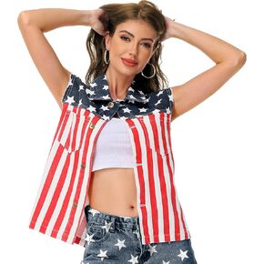 AOBUTE Womens American Flag Sleeveless Jean Jacket 4th of July Denim Shirt in Saudi Arabia