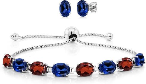 Gem Stone King مخصصة ومخصصة البيضاوي 7x5mm الأحجار الكريمة سوار المولد والمجوهرات الأقراط مجموعة للنساء في 925 الفضة الاسترليني قابلة للتعديل تصل إلى 10 بوصات in Kuwait