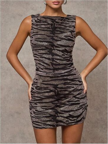 SOLY HUX Women's Bodycon Mini Dress Y2k Animal Print Crewneck Sleeveless Ruched Party Club Dresses in Kuwait