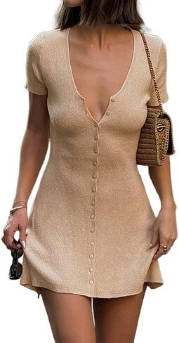 Lofaac Women Sexy v Beck Button لأسفل فستان قصير ضئيل نحيف كاب غلاف متدفق سوينغ يخرج من الفستان الصغير الصيف in Kuwait