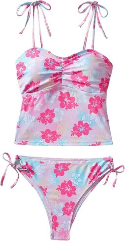 Women's 2 Piece Bikini Set Y2K Floral Print Tankini Set Full Coverage Bikini Tie Swimsuit High Waisted Bathing Suit in Kuwait