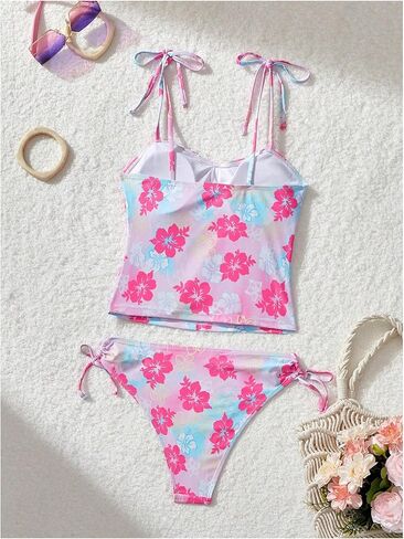 Women's 2 Piece Bikini Set Y2K Floral Print Tankini Set Full Coverage Bikini Tie Swimsuit High Waisted Bathing Suit in Kuwait