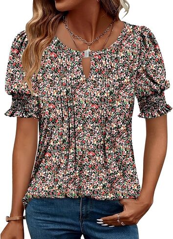 CRAZY GRID Women's Dressy Casual Top Puff Sleeve Summer Shirt Loose Trendy Pleated Blouse in Saudi Arabia