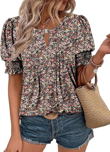 CRAZY GRID Women's Dressy Casual Top Puff Sleeve Summer Shirt Loose Trendy Pleated Blouse in Saudi Arabia