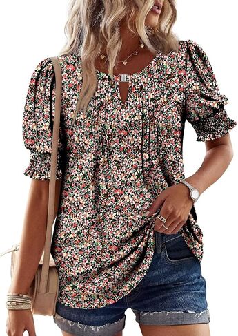 CRAZY GRID Women's Dressy Casual Top Puff Sleeve Summer Shirt Loose Trendy Pleated Blouse in Saudi Arabia