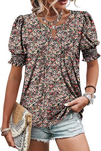 CRAZY GRID Women's Dressy Casual Top Puff Sleeve Summer Shirt Loose Trendy Pleated Blouse in Saudi Arabia